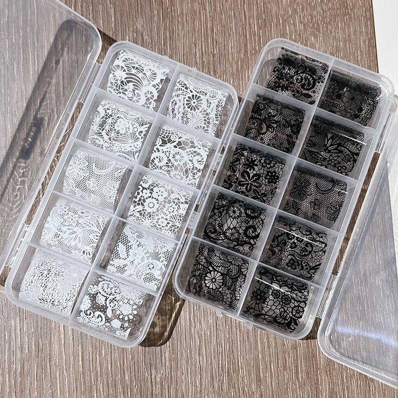 1/10 Rotolo Elegante Bianco Nero Pizzo Fiore Unghie Foil da Trasferimento Fantasia Retrò Floreale Cielo Stellato Carta Adesiva Manicure Accessori