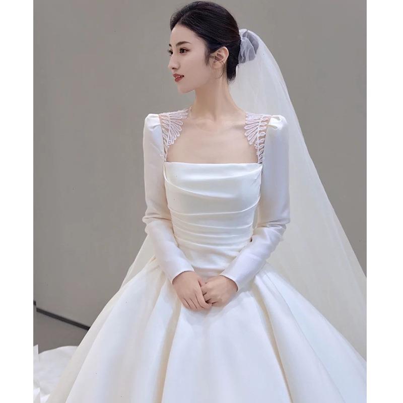 Satin Hochzeitskleid Braut 1011 neues Hauptkleid retro leichtes Hochzeitskleid Ausgehkleid kleiner Mann lange Ärmel unterwegs Prinzessin Frau
