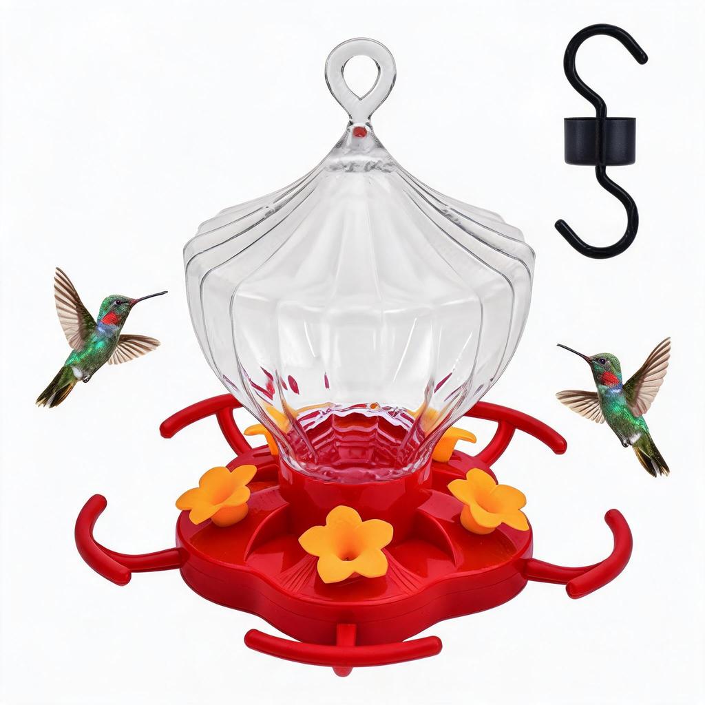 Kolibri-Futterspender 8 oz Rotes Acryl Kürbis Nektarspender 5 Blütenöffnungen mit Sitzstangen Integrierter Ameisenbrunnen und Bienenabwehr für Hof Garten Hinterhof