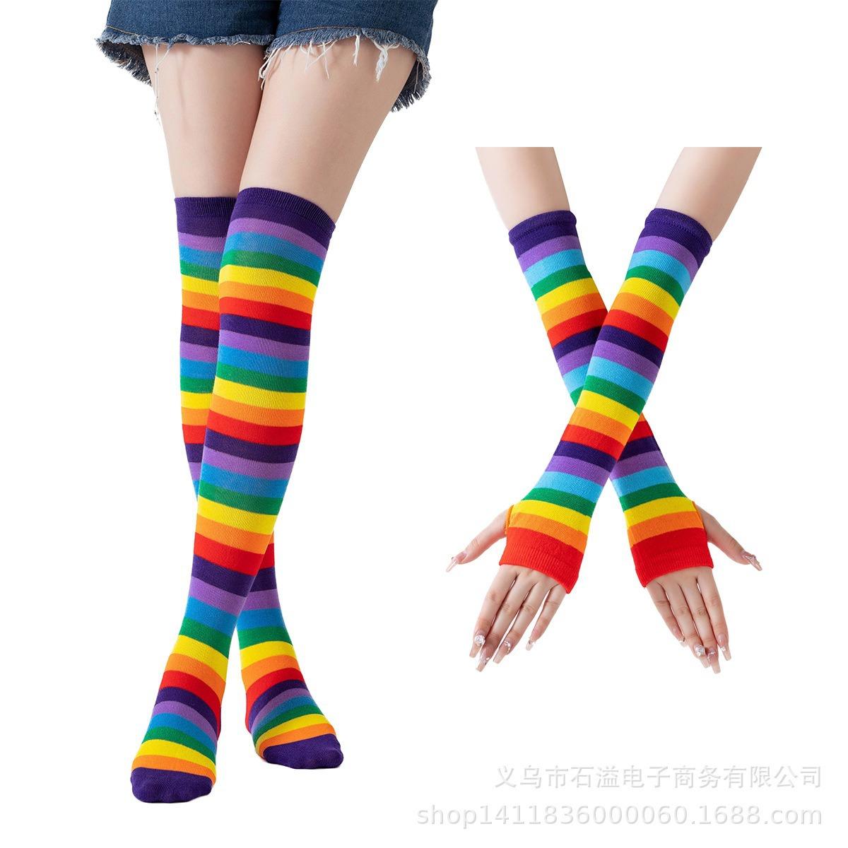 Regenbogen Gestrickte Strumpfhandschuhe Hohe Socken Polyester Baumwolle Kniestrümpfe Damen Farbige Gestreifte Handschuhe Strumpf Set One Size blue