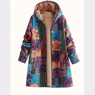 Hot Autumn and Winter New Ethnic Style Hooded Cotton-padded Coat Loose Medium and Long Printed Coat Women