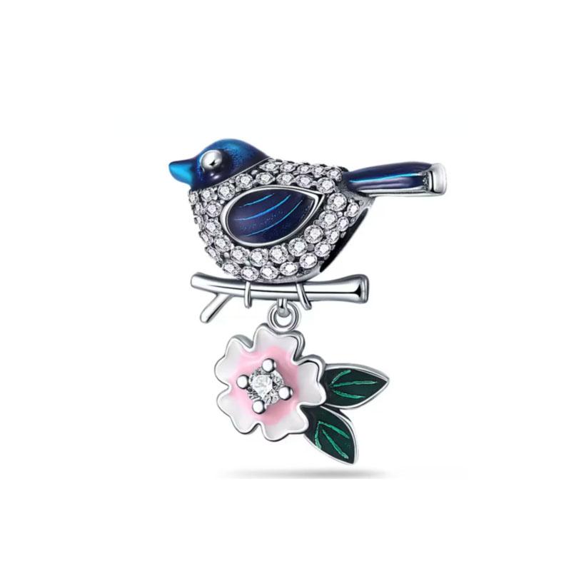 NEW Fine S925 Silver Pink Glass Flamingo Dangle Bead Pendat Fit Original  Bracelet Jewelry Shiny Colored Zircon Bird Charm