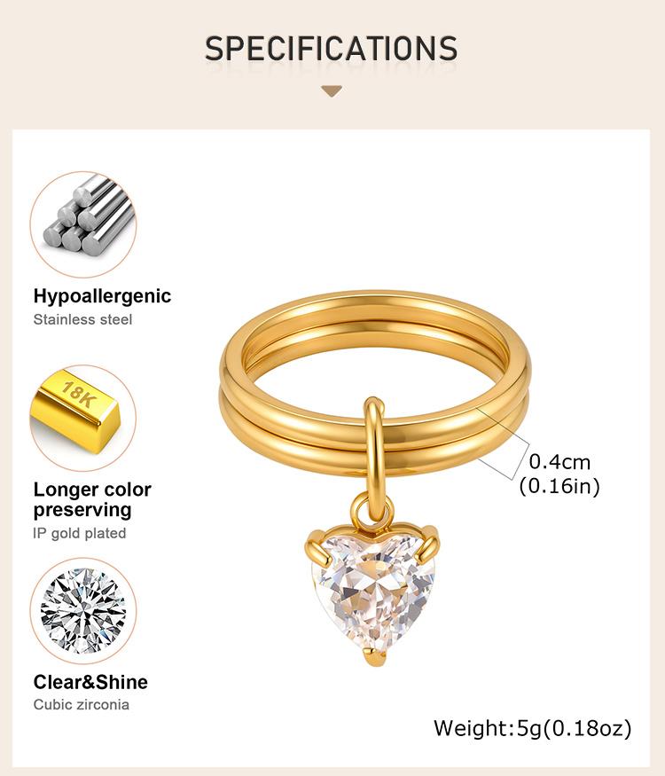 18K Gold Plated Waterproof Stainless Steel Dainty Drop CZ Stackable Ring for Women, Minimalist Double Row Dangle Rings Jewelry