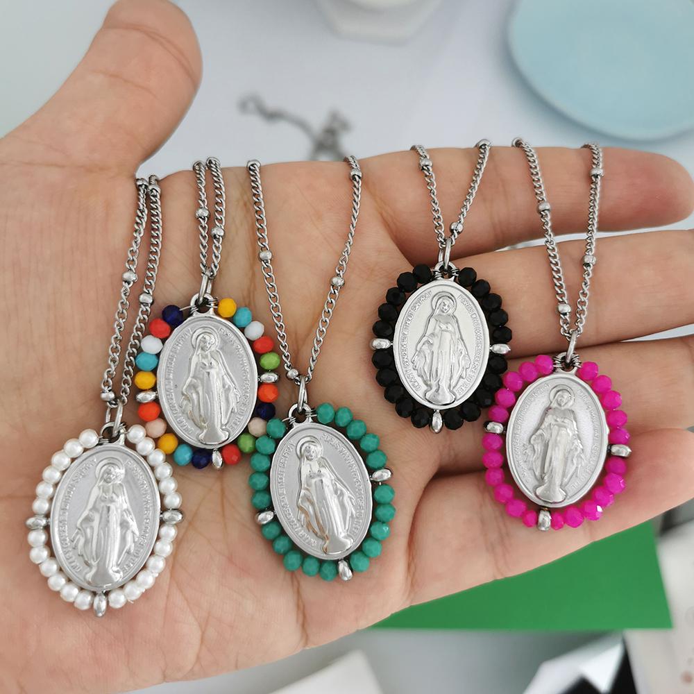 QMHJE Virgin Mary Stainless Steel Pendant Necklace Women Choker Beads Chain Oval Round Charm Gold Color Jewelry White Black