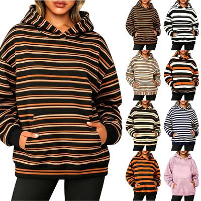 Sudadera con capucha a rayas de manga larga para mujer con bolsillo - Sudadera informal para pullover