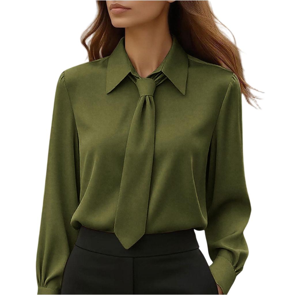 Women's Fashion -Color Button-Down Tie-Front Long-Sleeve Shirt Loose-Fit Top