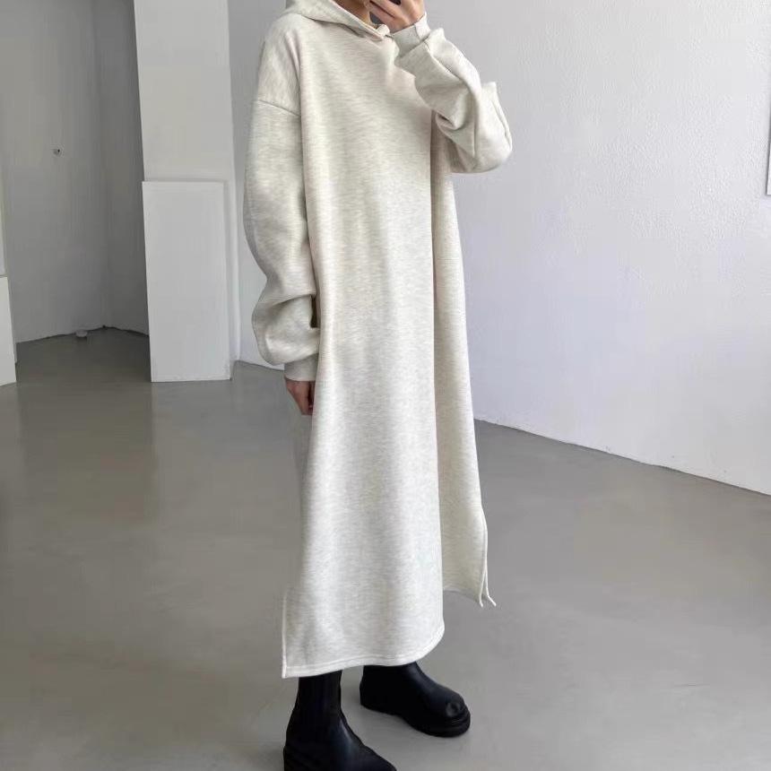 Chic Korean Hooded Sweatshirt Dress - Solid Color, Simple, Loose Fit, Long, Casual for Women (Spring/Autumn/Winter 2025)