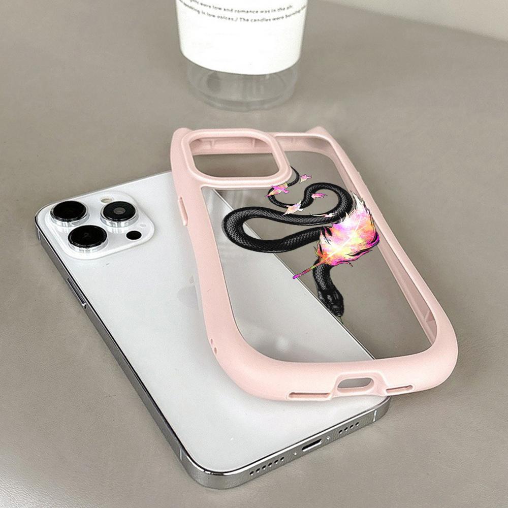 Soft Cat Ear Phone Cases for iPhone 16 15 13 12 11 Pro Max 14 Plus XR TPU Anti-Drop Transparent Acrylic Back Cover N77 Butterfly Black Gold Snake