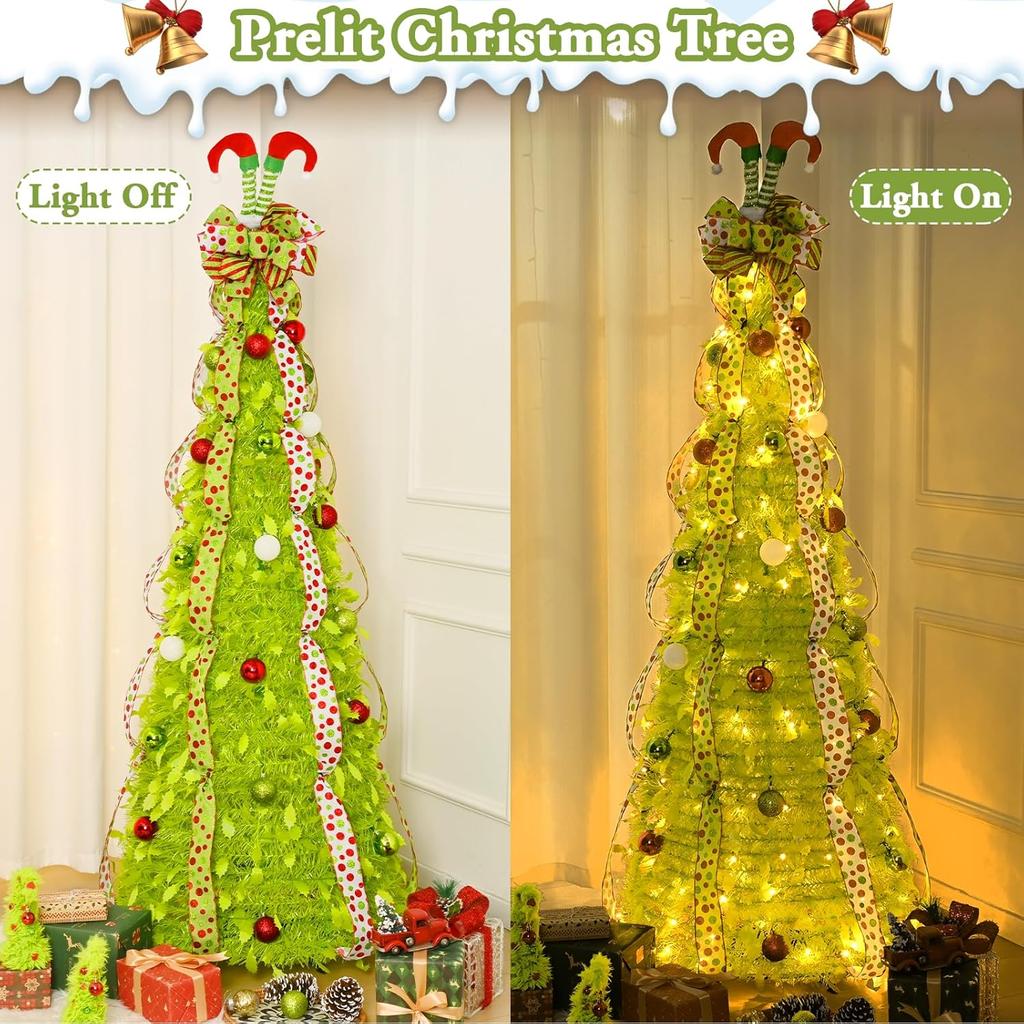6FT Pre-lit Pop-Up Christmas Tree with 200 Lights, Foldable Xmas Tree for Indoor Outdoor Decor
