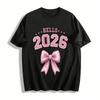 Hello 2026 Bow Print Casual Top Preppy Style Cute Tee Pure cotton T-shirt