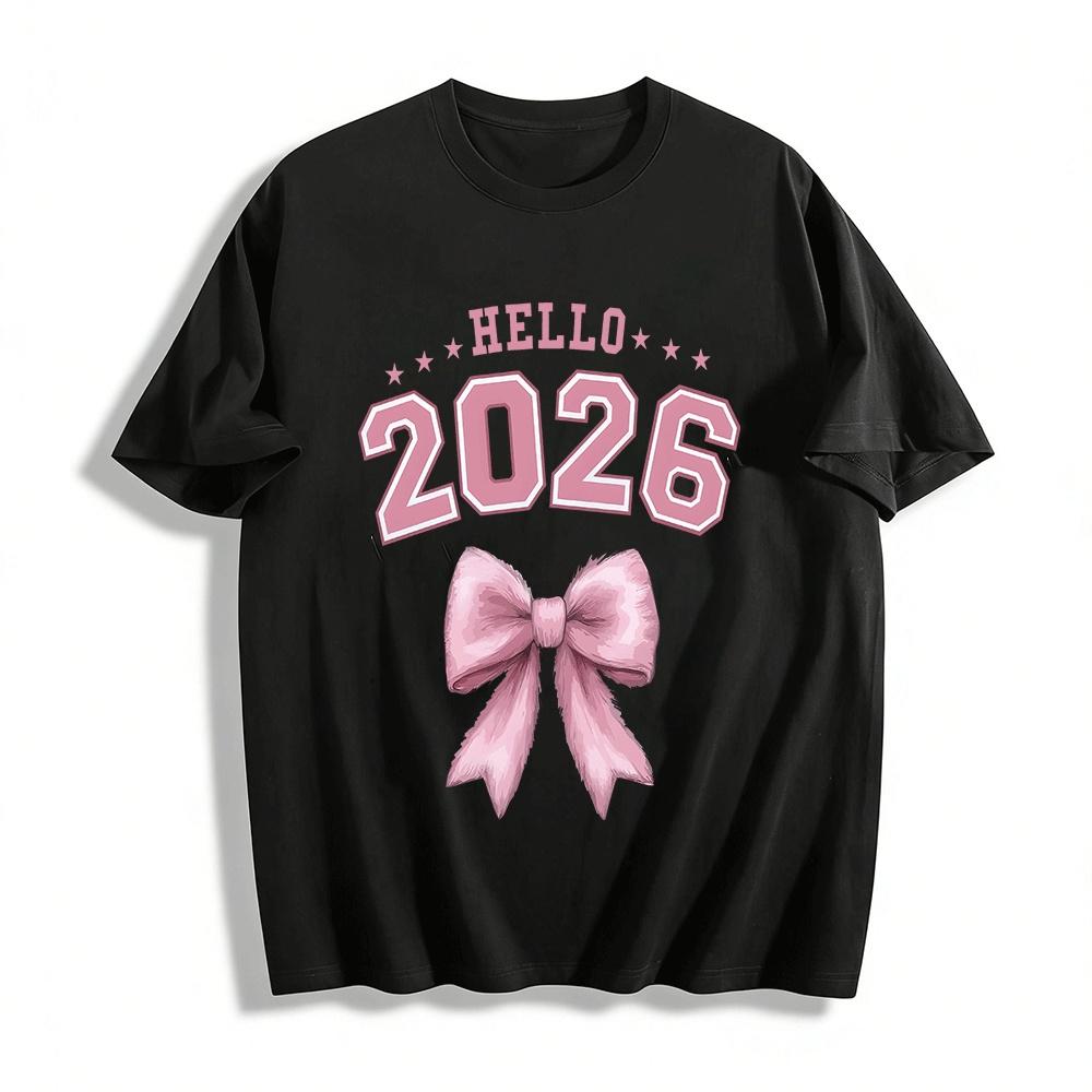 

Hello 2026 Bow Print Casual Top Preppy Style Cute Tee Pure cotton T-shirt XXS