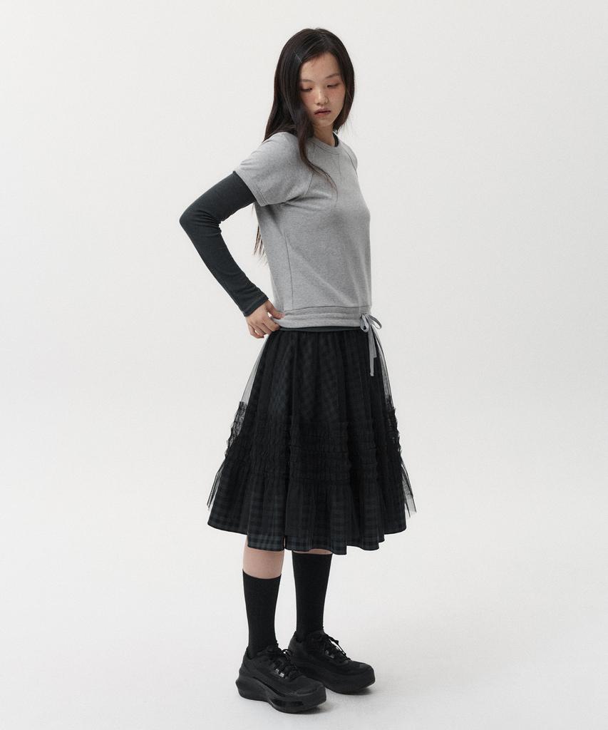 Ohesio Layered Sheer Frill Skirt, Khaki Check