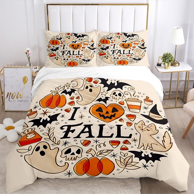 3pcs I Heart Fall Halloween Printed Duvet Cover Set (1 * Cover+2 * Pillowcase, Without Core), Suitable for Home Bedroom, Guest Room, Dormitory De