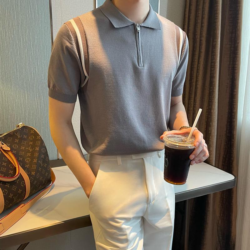 Men's Trendy Summer Contrast Lapel Polo Shirt – Zippered, Color-Block, Breathable, Casual Knit Short Sleeve
