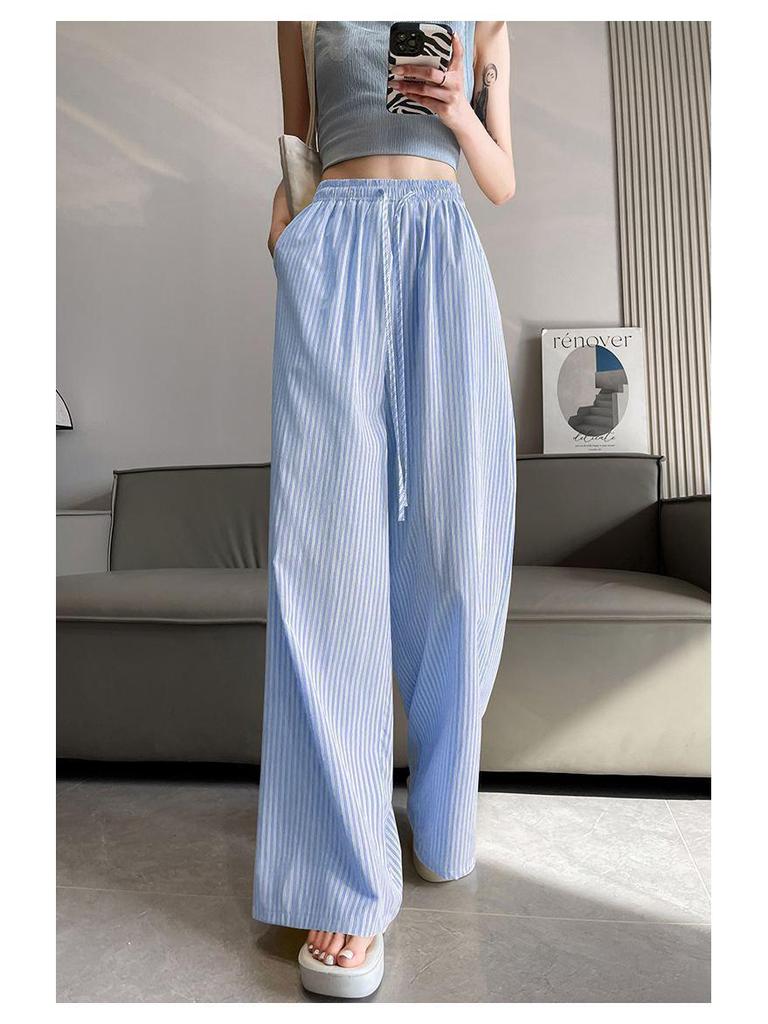 Cross-Border Vertical Stripe High-Waisted Wide-Leg Pants - Summer Straight Loose Casual Floor-Length Design.