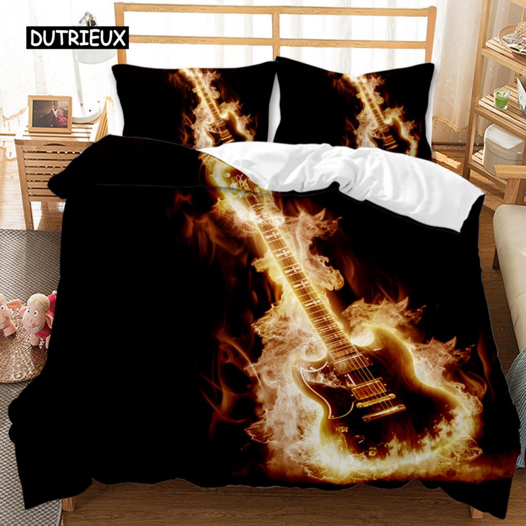 Für Teenager - Gitarren Bettwäsche-Set Einzelbett Rockmusik Deckenbezug-Set Hip Hop Hippie Tagesdecke Blau Gitarre Polyester Bettwäsche-Set