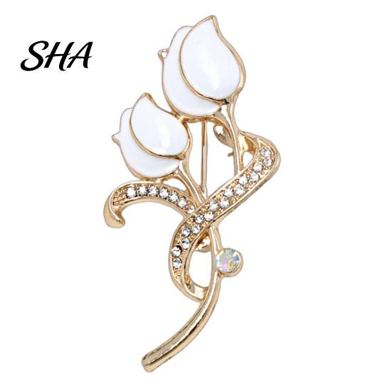 Anti-oxidation Brooch Pin, 3D Tulip Bud Shape Lapel Pin with Rhinestones Secure Clasp Inlaid, Electroplated Anti-Oxidation Versatile Badge for белый