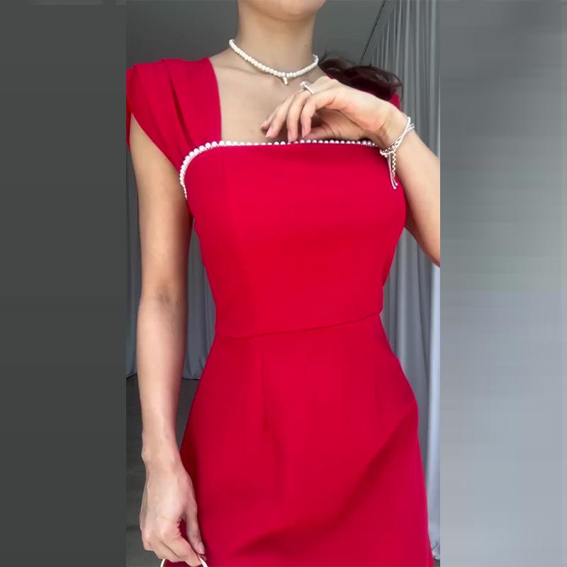 2024 Letní dámské francouzské retro šaty se čtvercovým výstřihem a korálky