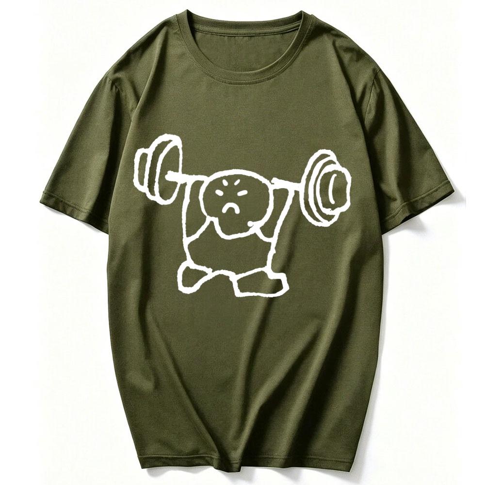 Simple Doodle Stick Figure Struggling To Lift Heavy Barbell Graphic Print Unisex Cotton T Shirt Funny Gym Weightlifting Workout