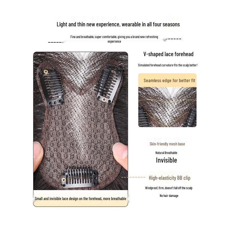 Women's Fluffy White Hair Topper - Natural, High Volume, Traceless Real Hair Bangs Patch for Full-Looking Hair.