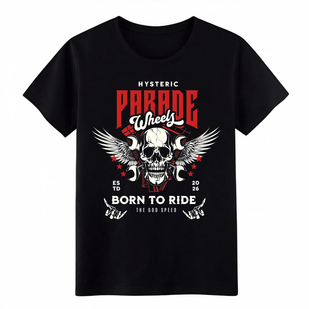 Hysteric Parker Born to Ride Tee | Skull Wheels Motorcycle Unisex Shirt