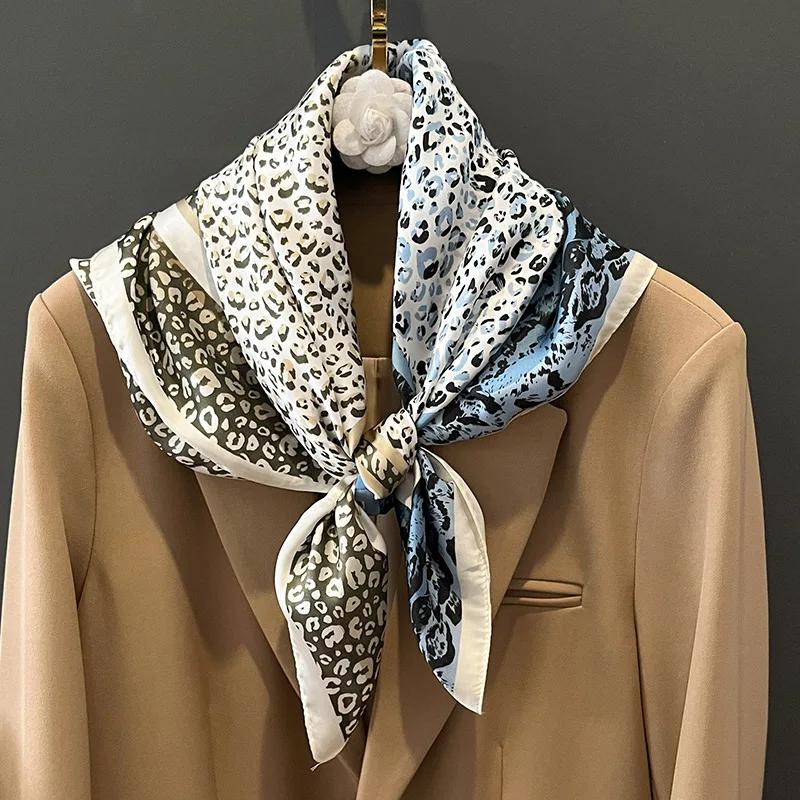 New Leopard Print Square Scarf Hijab Women Satin Silk Bandana Headband Neckerchief Female Hair Band Wrap Shawls Foulard
