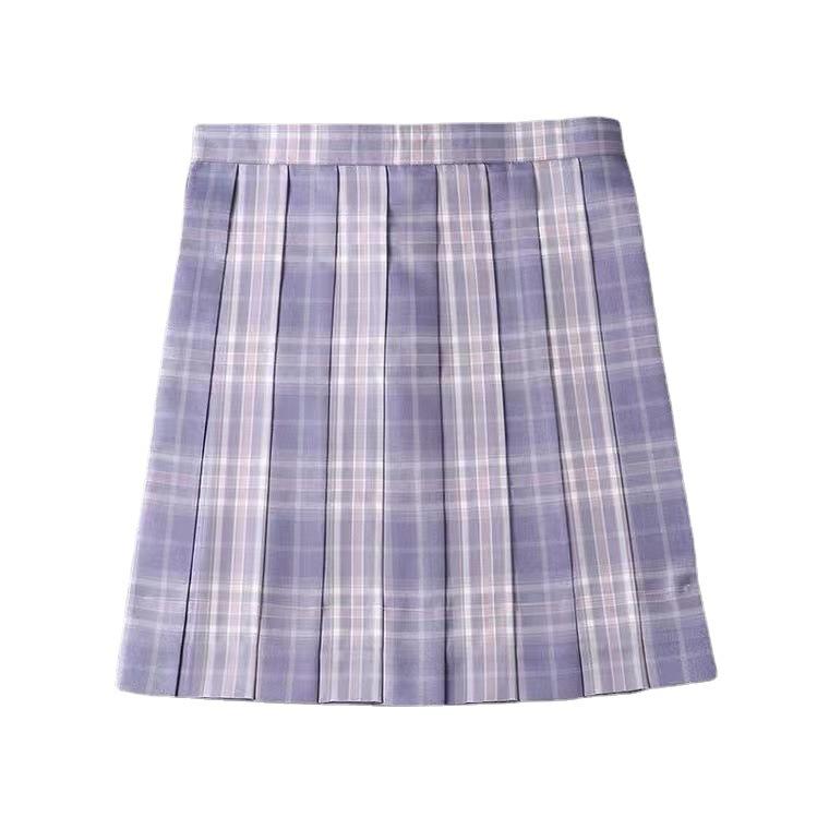 3-teiliges Damen-Anime-Uniform-Set, lila Faltenröcke, Sommer-JK-Shirt mit langen Ärmeln und Mini-Karorock-Anzug
