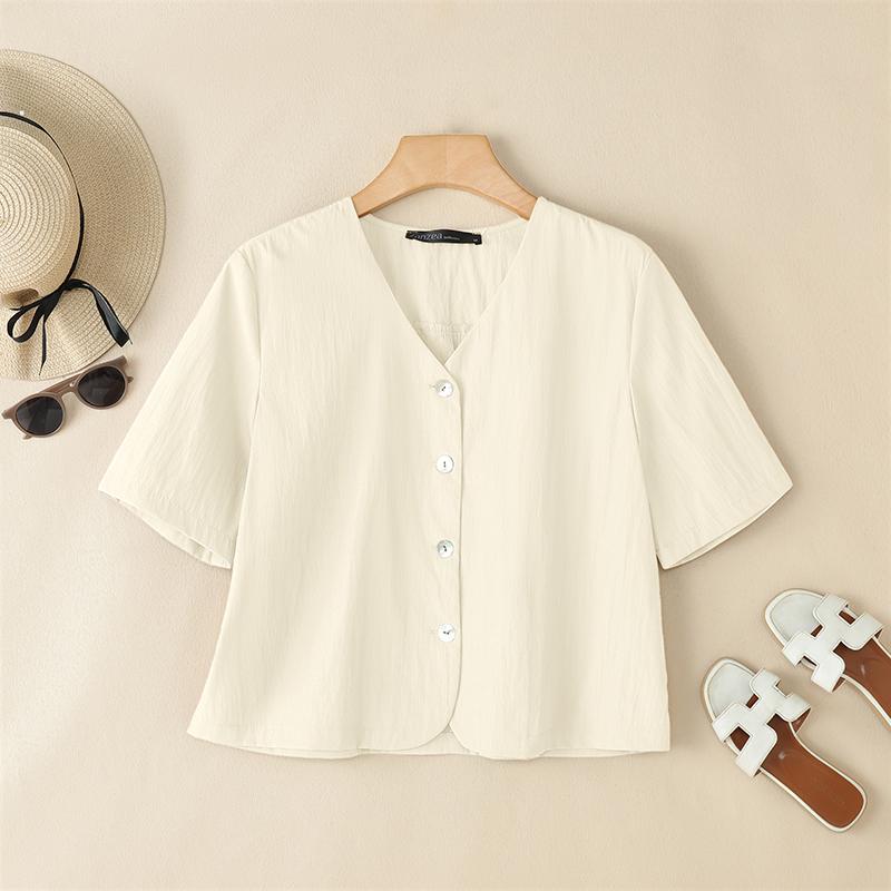 

ZANZEA Женская повседневная блузка с V-образным вырезом и коротким рукавом на пуговицах 4XL абрикосовый