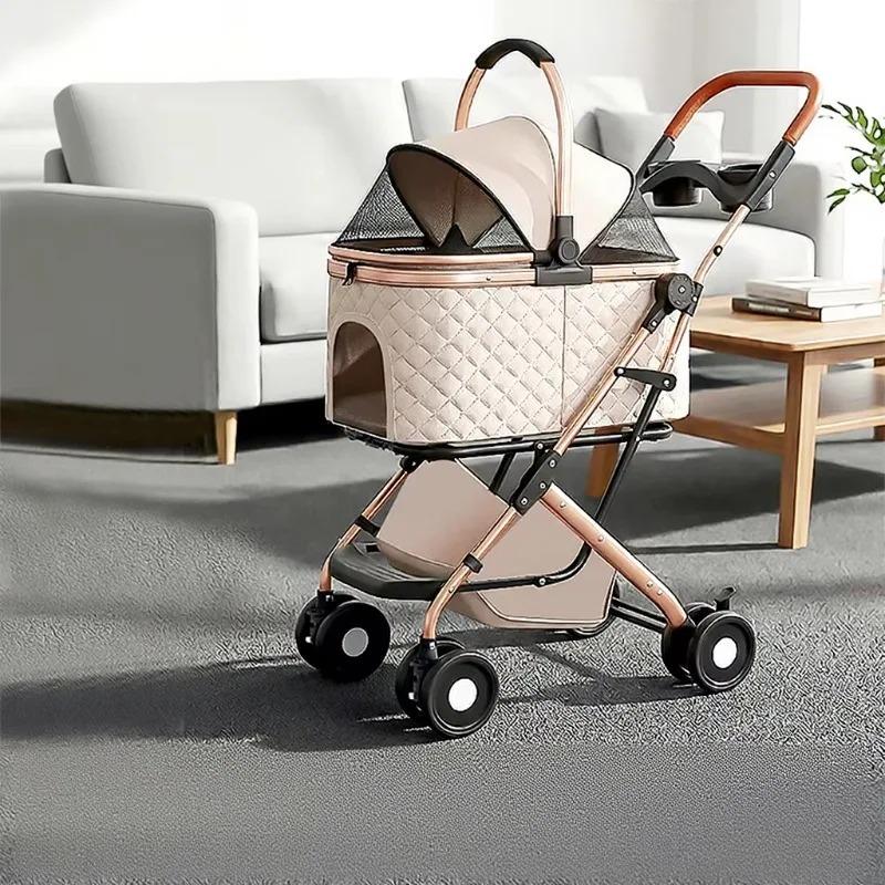 Pet Stroller Detachable Carrier Lightweight 3 Second Foldable Aluminum Alloy Leather Handle for Cats Dogs Outdoor Travel