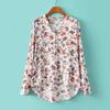 Women Autumn Retro Soft Cotton V Neck Long Sleeve Shirt Floral Print Top Blouse