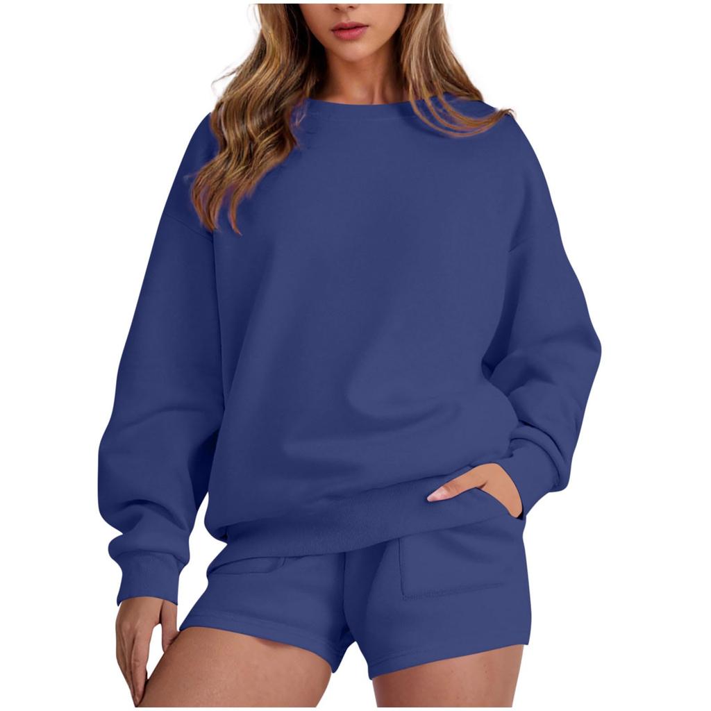 Women's Fashion Sportswear Casual Long-Sleeved Pullover Sweatshirt Drawstring Shorts Set