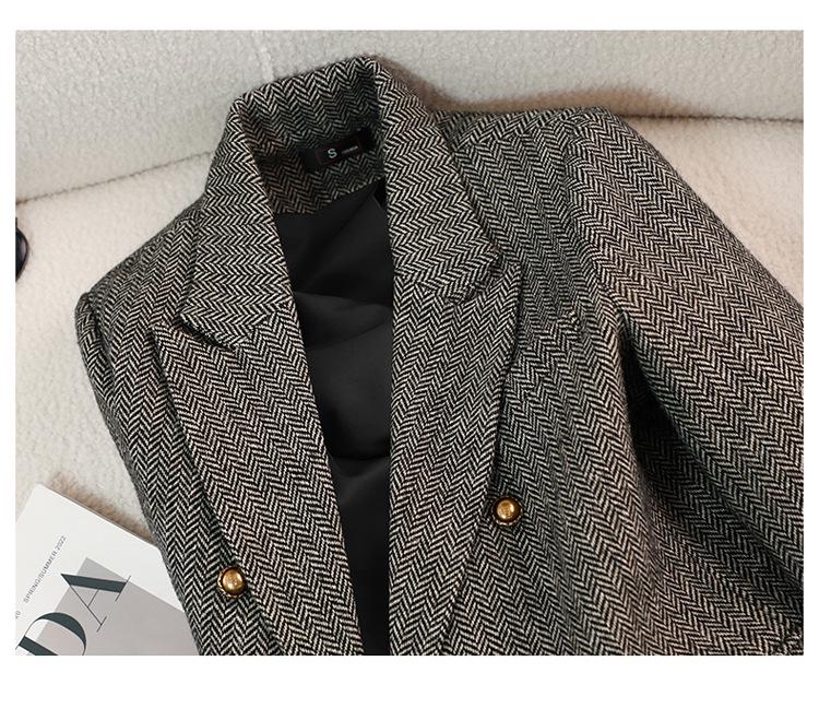 Women's Coffee-Colored Wool Blend Suit Jacket - Winter 2025, Padded, Thick, Loose Fit, Large Size.