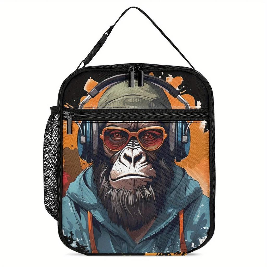 Insulated Monkey Lunch Bag - Portable, Handheld, 10-Inch, Cartoon Design with Headphones & Glasses, Stylish & Functional for Sch
