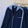Womens Navy Blue Color Block Zip Up Sweatshirt Long Sleeve Stand Collar Polo Neck Casual Outerwear