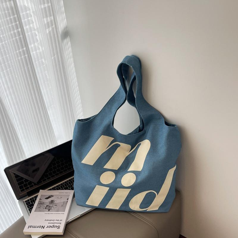 

Джинсовая сумка Двусторонняя сумка на плечо с принтом Большая сумка-тоут Портативная легкая женская сумка синий