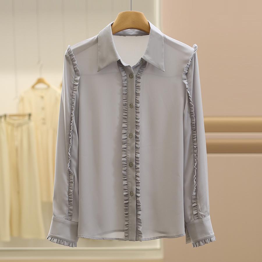 

Вэй Мэй: Женская рубашка с оборками приталенного силуэта - Элегантный осенний стиль для леди Medium серый