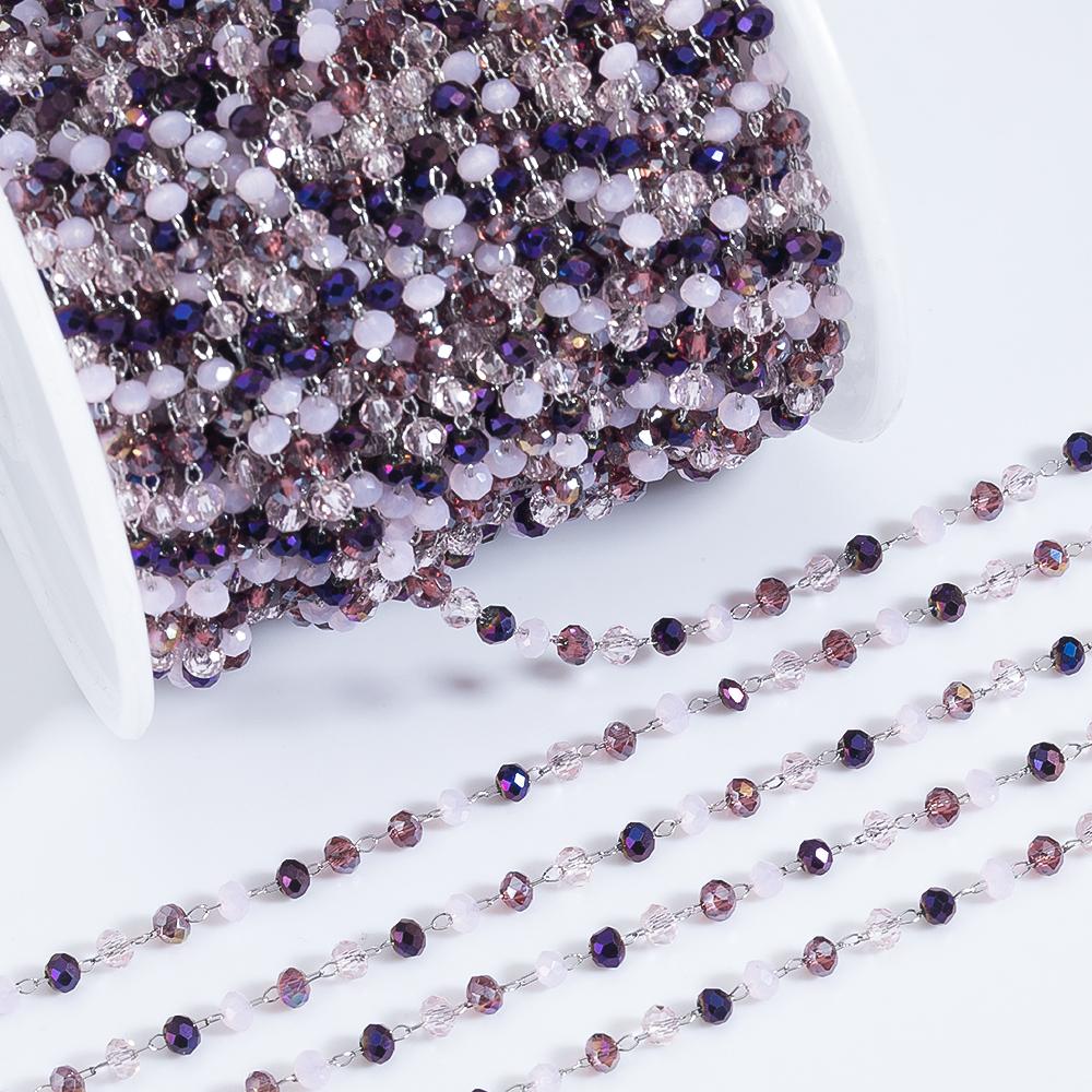 2Meters 1Meter Deep Purple Crystal Stone Beads Stainless Steel Chain DIY Necklace Bracelet Sweater Chain Jewelry Making Supplies
