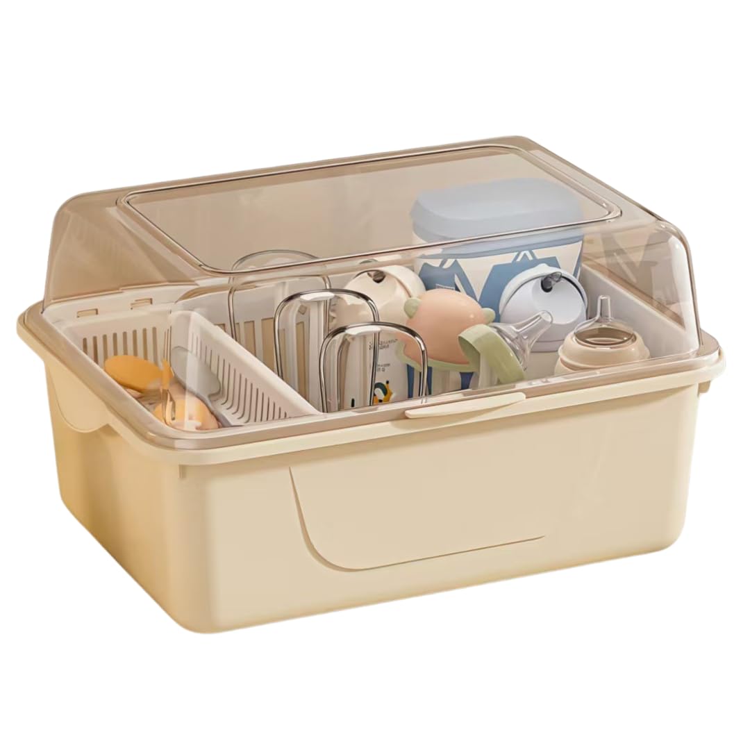 

I m so happy Baby Bottle Rack with Lid, Storage Case, Portable, Travel Stand, Drying, Disinfecting, Large Capacity, Dustproof (Stand IncludedCream)