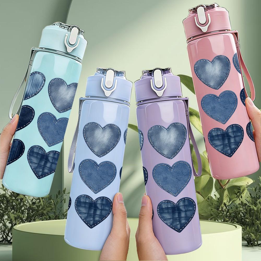1PC Stacked Multi Shade Blue Heart Print 750ml Color Plastic Sports Water Bottle Leakproof Flip Straw Lid Suitable for Sports Office Home Use