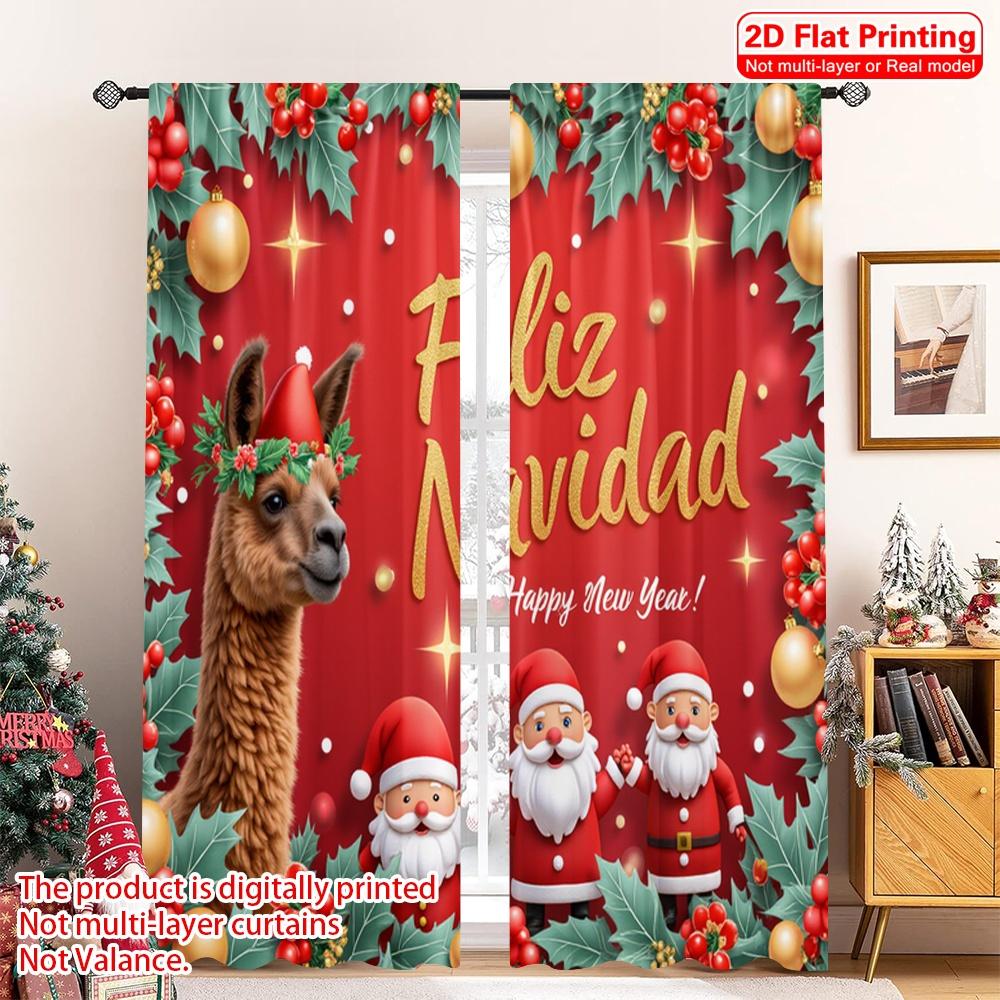 

2pcs 2D flat printing Merry Christmas Scene Curtains Merry Christmas Llama Santa 100% Polyester Without Electricity Festive 52.50×116.00 CM 2pcs