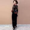 2PCS Pants Suts Spring Summer High-end Women's Printed Plus-Size Silk Blouse Velvet Pants Two-Piece Set Loose Flocked Velvet Blouse Velvet Pants Set