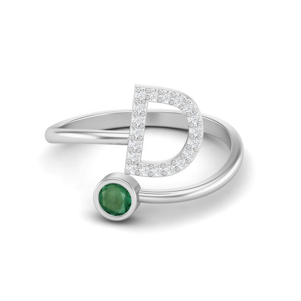 Capital D Initial Letter Emerald Women Adjustable Front Open Ring 925 Sterling Silver