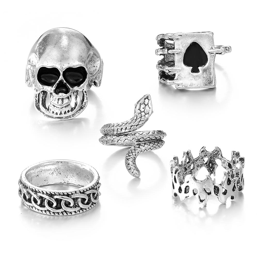 

5 шт., резной скелет, покерные лопаты, элегантный набор колец для Хэллоуина, вечеринки в ночном клубе серебряный