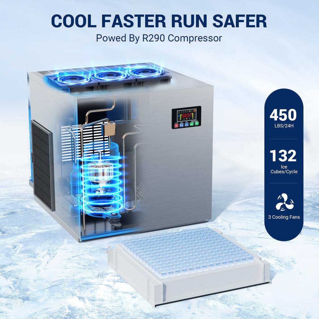 Commercial Ice Maker Machine 450 LBS in 24 H, Modular Ice Machine with 350 LBS Storage, Air Cooled Industrial Ice Cube Machine
