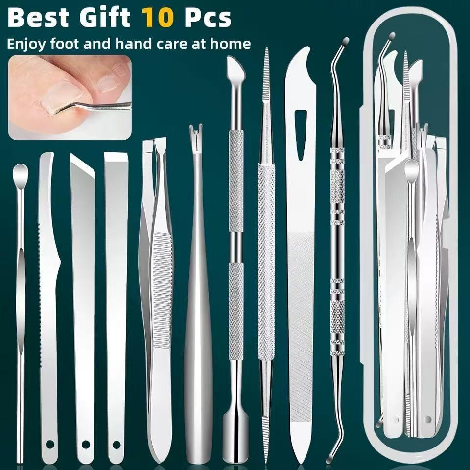 10-Piece Stainless Steel Pedicure Set: Dead Skin Fork, Double-headed Nail Cleaner, Foot Planer, Scraper, Ear Pick