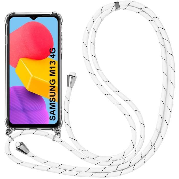 Coque Silicone pour Samsung Galaxy M13 AntiChoc Anti-Rayures Transparent avec Cordon Blanc
