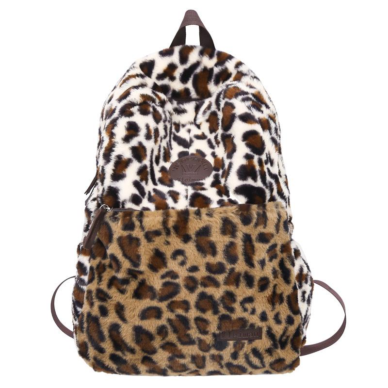 Schoolbag autumn and winter large-capacity plush backpack women's 1011 new retro leopard print versatile student schoolbag simple handbag