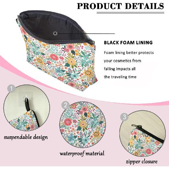 White Flower Floral Makeup Cosmetic Bag Blue Aesthetic Pouch Organizer Small Compact Cute Travel Mini Portable Beauty Toiletry Make Up Brush Storage