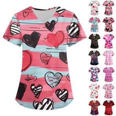 Ropa de trabajo de manga corta con escote en V y bolsillos para mujer, blusas estampadas para el día de San Valentín