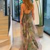 Women's Mesh Spaghetti Strap Maxi Dress Deep V Neck Backless Evening Dress Floral Printed